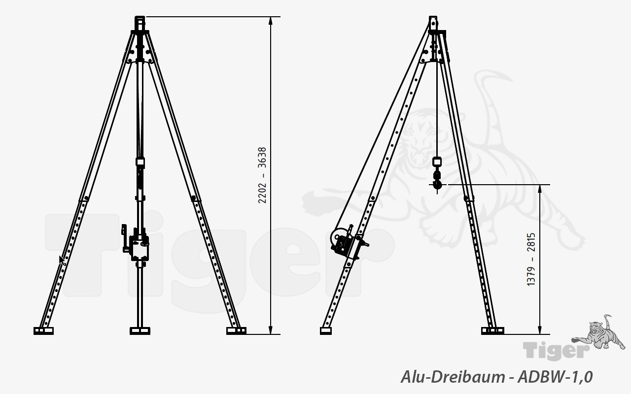 Alu-Dreibock - Dreibaum-Kran mit Handwinde, Kurbel und 20 m Band