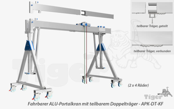 Aluminium-Portalkran mit teilbarem Doppelträger und Laufkatze, unter Last verfahrbar und höhenverstellbar