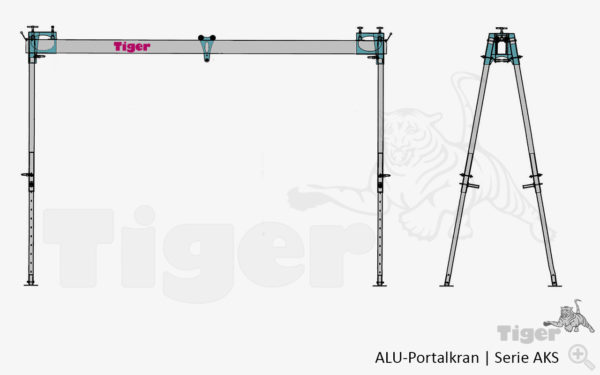 Alu-Portalkran mit Laufkatze, schnell aufgebaut und klappbar - optimal für unwegsames Gelände