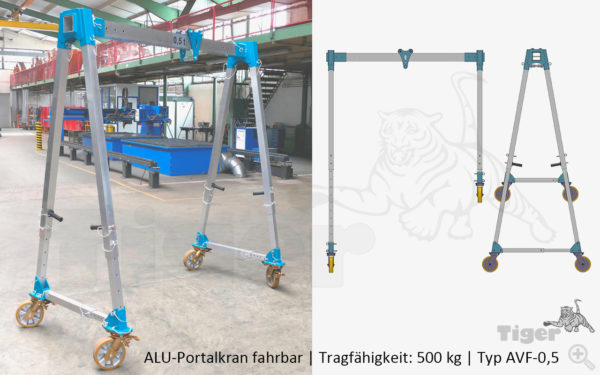 Alu-Portalkran bis 500 kg, verfahrbar und in der Höhe verstellbarer Alukran