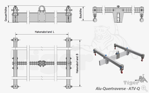 Alu-Quertraverse mit 4 Wirbellasthaken | H-Traversen aus Aluminium