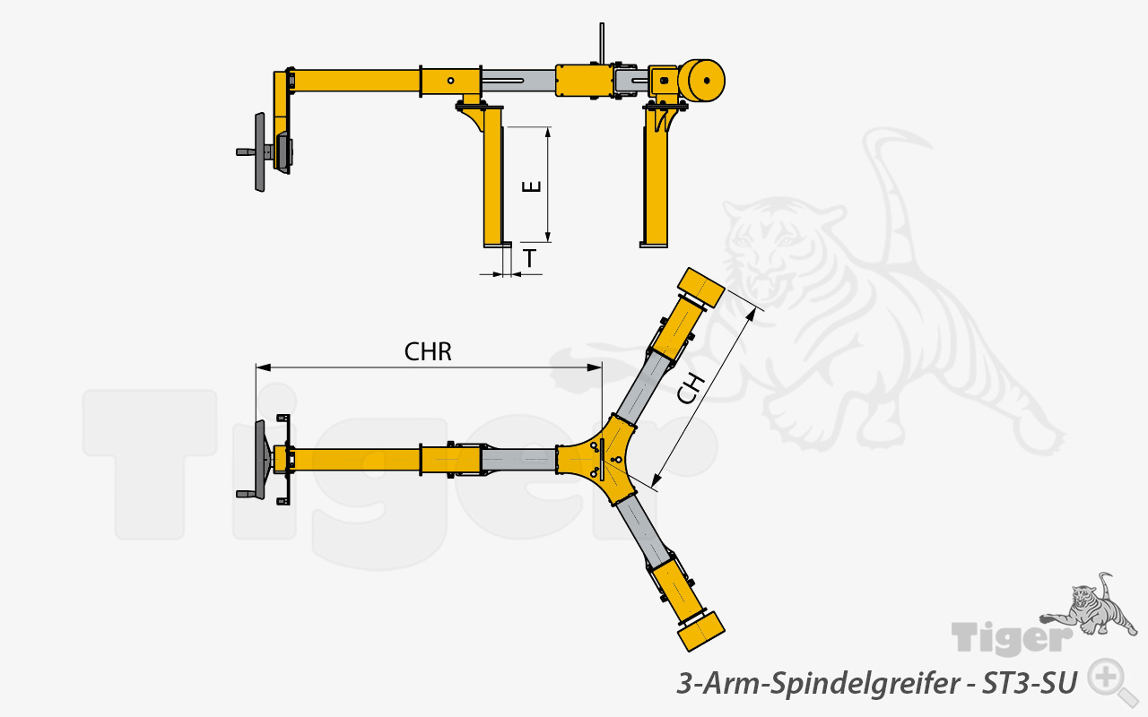 3-Arm-Spindelgreifer mit Unterfassbacken zum Heben schwerer Rundlasten