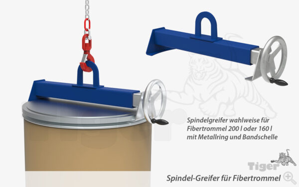 Spindel-Hebegreifer mit Handrad für Fibertrommeln | Pappfässer kranen