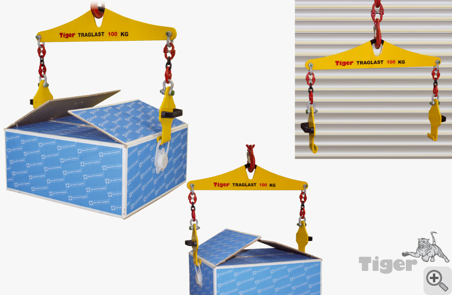 Produktbild von Tiger Sonder-Balken-Traverse mit Spezial-Aufnahme an Ketten für Kartons mit Handgriff sonder-lasttraverse-ta-0-1-0-584-hk-su