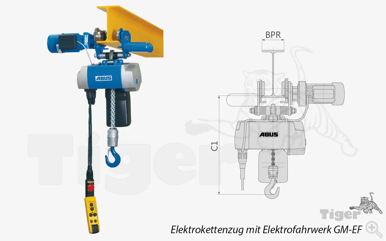 Technisches Bild von Abus Elektrokettenzug GM2 mit Abus Elektrofahrwerk für 400 V Technisches Bild für elektrokettenzug-elektrofahrwerk-abus