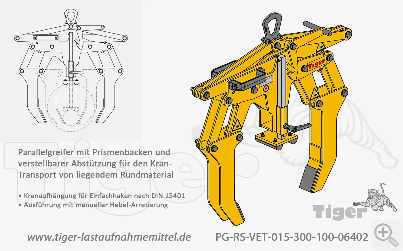 Produktbild von Tiger Sonder-Parallelgreifer mit Prismenbacken und verstellbarer Abstützung
zum Kranen von liegendem Rundmaterial parallel-hebegreifer-pg-rs-vet-06402