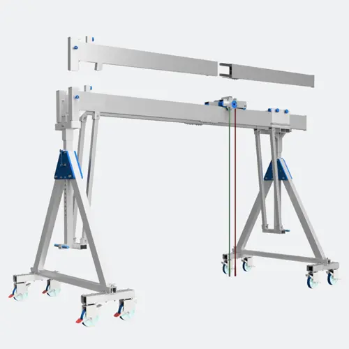 Produktbild von Aluminium-Portalkran mit teilbarem Doppelträger und Laufkatze, unter Last verfahrbar und höhenverstellbar tigerhebezeuge-alu-portalkran-serie-APK-DT-KF-alukran-verfahrbar-mit-4-oder-8-raeder