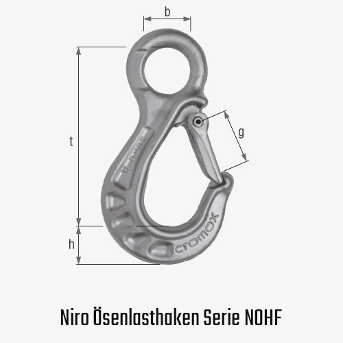 Niro-Ösenlasthaken aus cromox® Edelstahl mit Ösenkopf und Hakensicherung