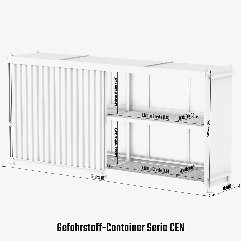 Gefahrstoff-Regalcontainer CEN mit Auffangwanne, Gitterrost und DIBt-Zulassung