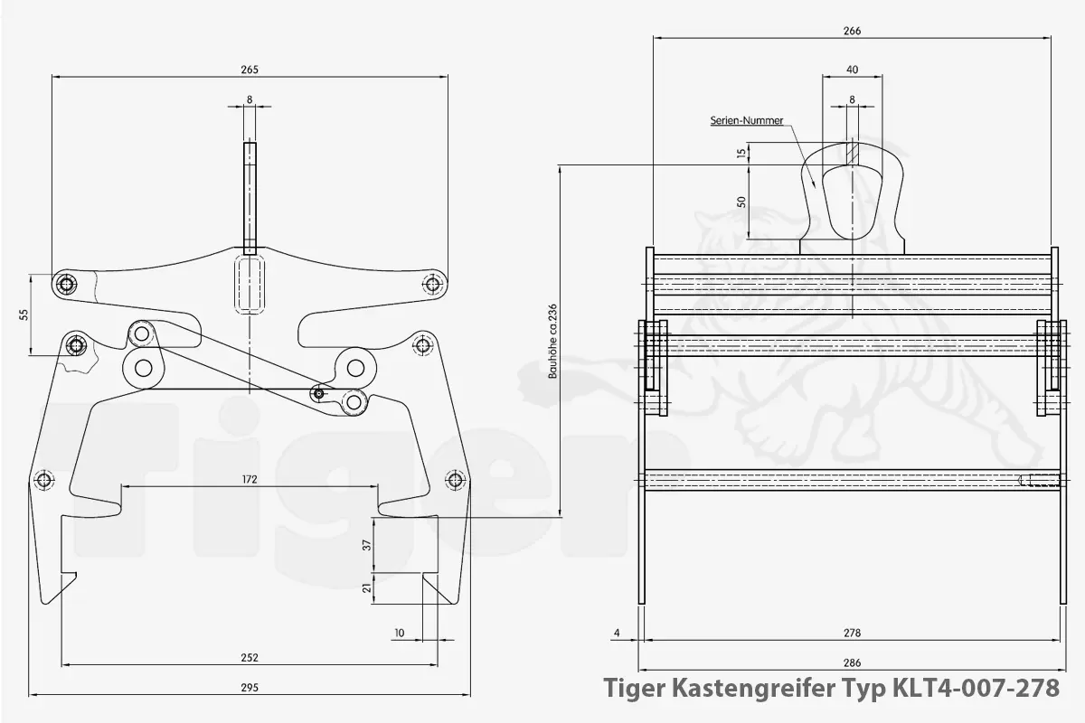 Technisches Bild von Tiger Kastengreifer für KLT-Behälter zum Kasten-Transport mit dem Kran Technisches Bild für tiger-kastengreifer-typ-klt4-007-278-zeichnung