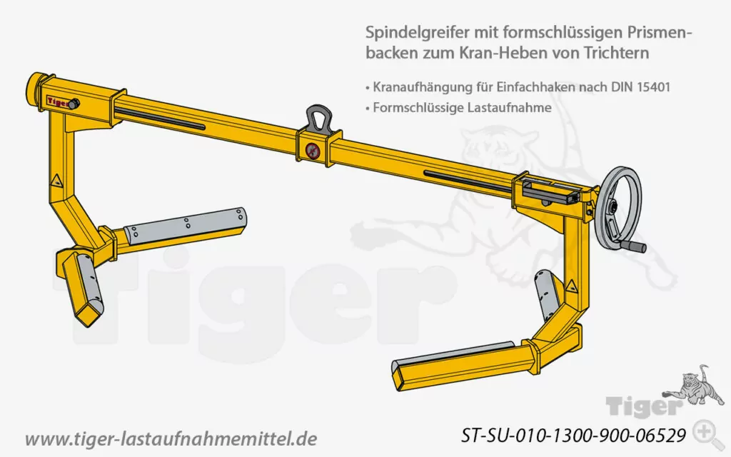 Tiger Sonder-Spindelgreifer mit Prismenbacken zum Kranen von Trichtern