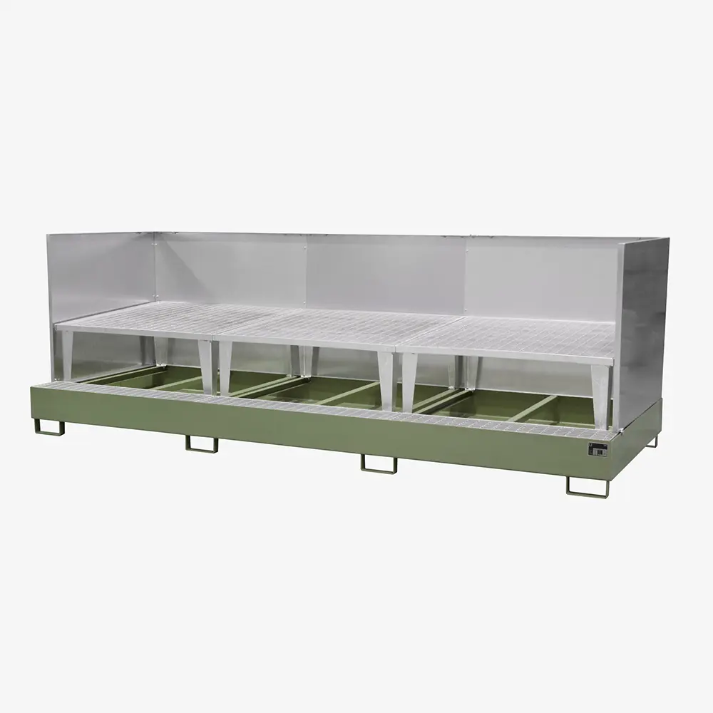 Auffangwanne mit Abfüllaufsatz für IBCs und Fässer – Stahlwanne zur Gefahrstoff-Lagerung