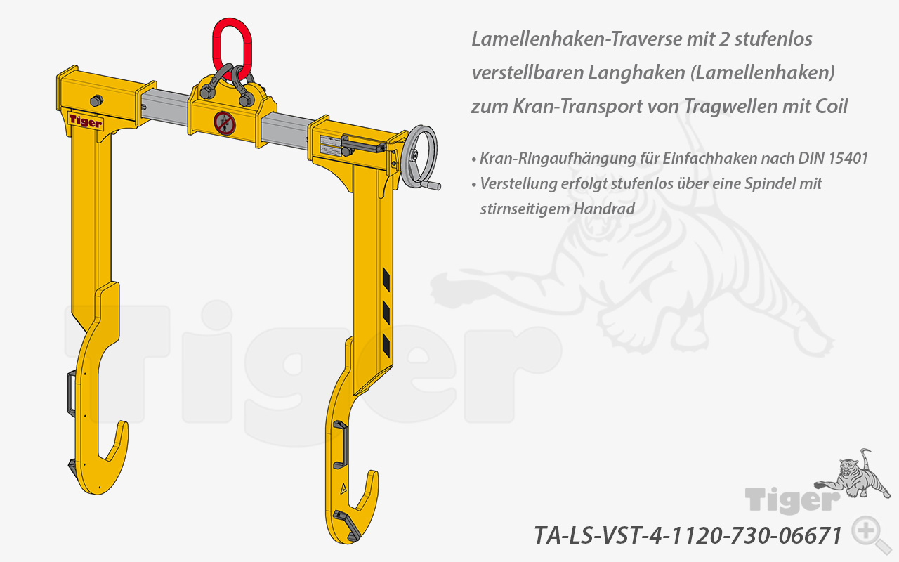 Tiger Sonder-Lamellenhaken-Traverse mit verstellbaren Langhaken zum Kranen von Tragwellen mit Coils
