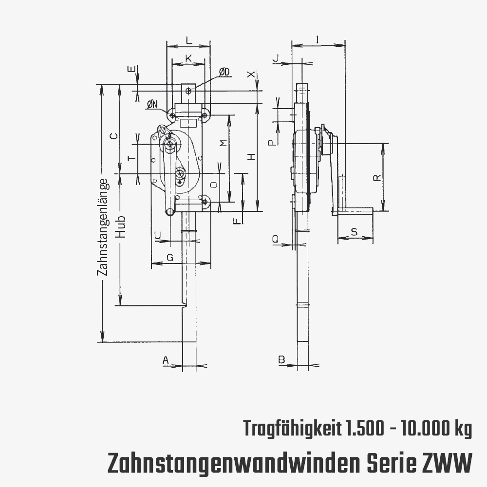 Technisches Bild für tigerhebezeuge-yale-pfaff-zahnstangen-wandwinden-mit-stirnradgetriebe-serie-ZWW-zeichnung