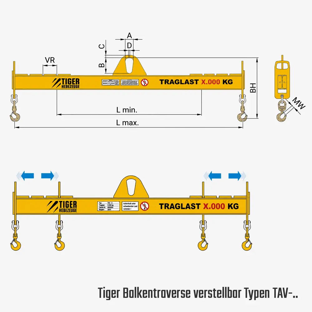 Tiger Balkentraverse mit Wirbellasthaken, Seitenhaken oder Schäkel, verstellbar