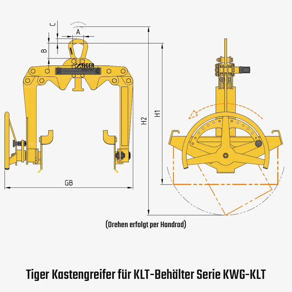 Tiger Kasten-Wendegreifer mit und ohne Handrad - KLT Kunststoffkästen per Kran heben und entleeren