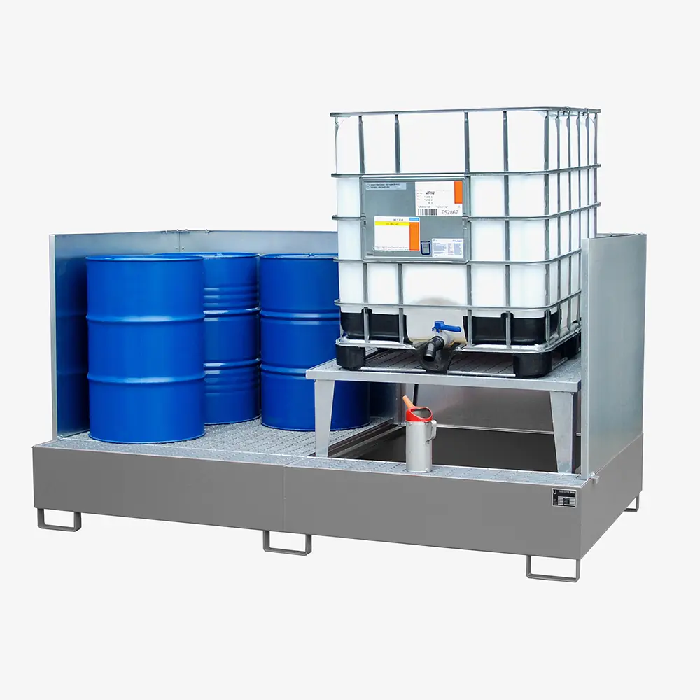 Auffangwanne mit Abfüllaufsatz für IBCs und Fässer – Stahlwanne zur Gefahrstoff-Lagerung