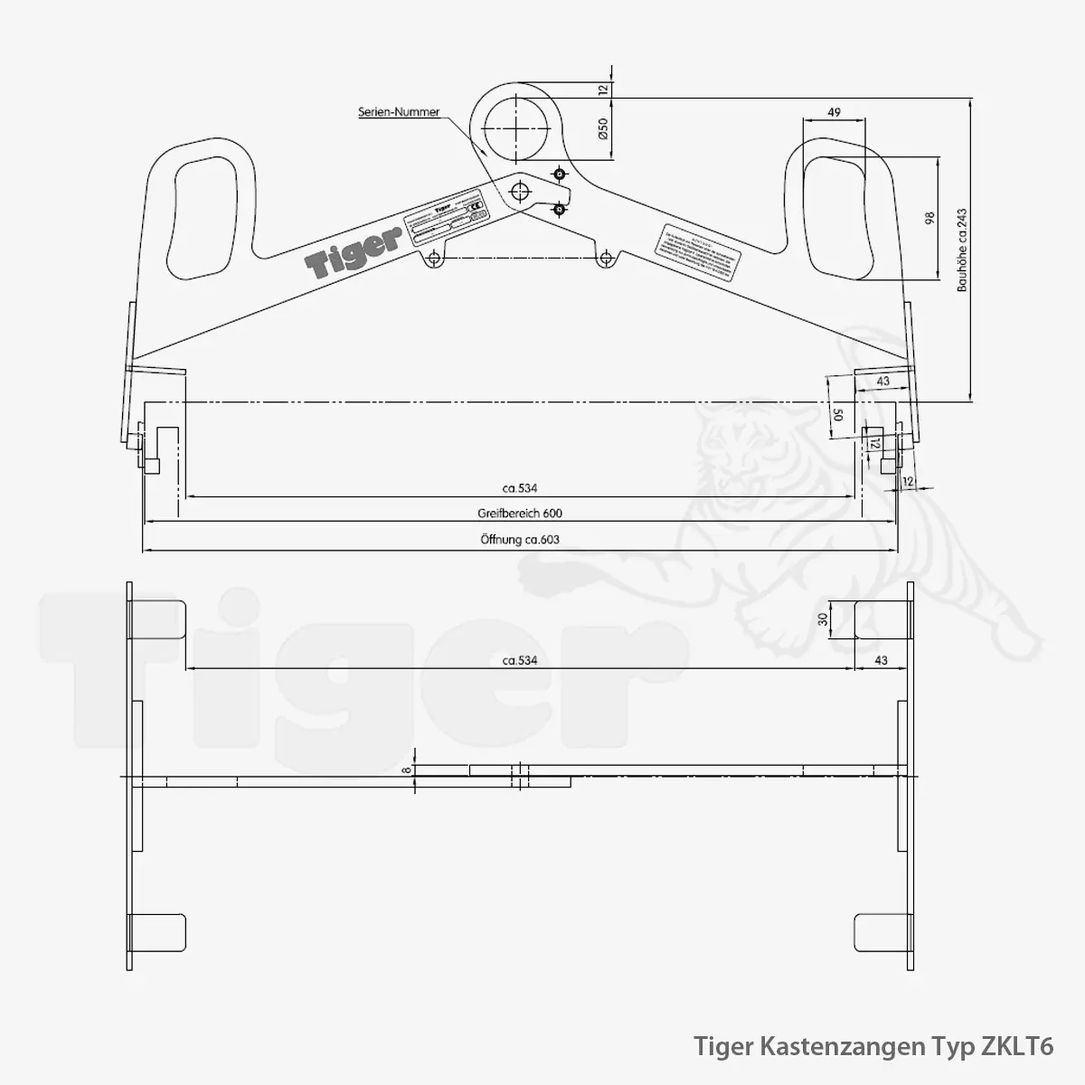Technisches Bild von Tiger Kastenzange für KLT-Behälter zum Kasten-Transport im Kranbetrieb Technisches Bild für tiger-kastenzange-typ-zklt6-lastaufnahmemittel