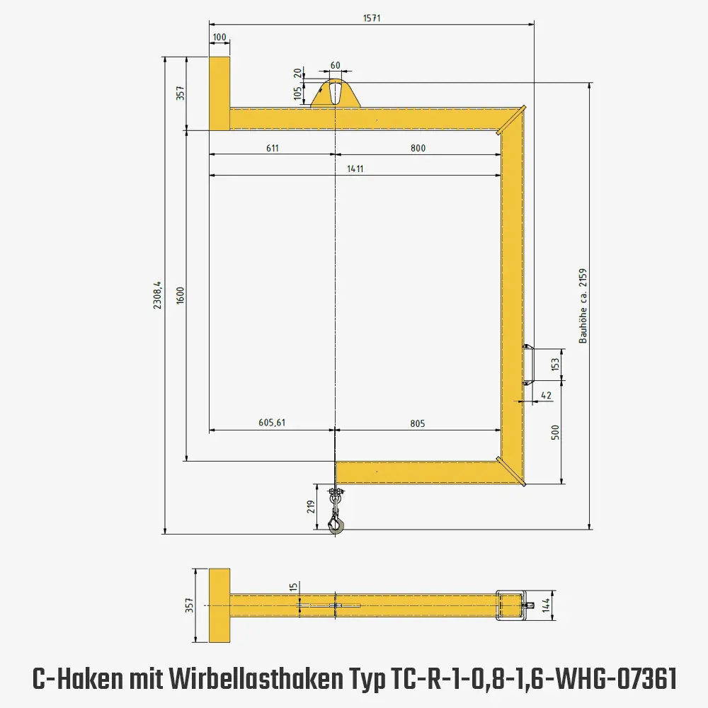 Technisches Bild für "tiger-c-haken-mit-gegengewicht-und-lasthaken-typ-TC-R-1-0,8-1,6-WHG-7361-zeichnung