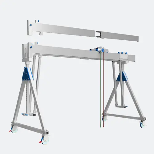 Produktbild von Aluminium-Portalkran mit teilbarem Doppelträger und Laufkatze, unter Last verfahrbar und höhenverstellbar tigerhebezeuge-alu-portalkran-serie-apk-dt-kf-mit-4-raeder