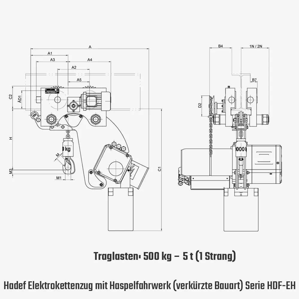 Technisches Bild für tigerhebezeuge-hadef-elektrokettenzug-mit-haspelfahrwerk-serie-HDF-EH-in-verkuerzter-bauart-zeichnung-500kg-5t-1-strang