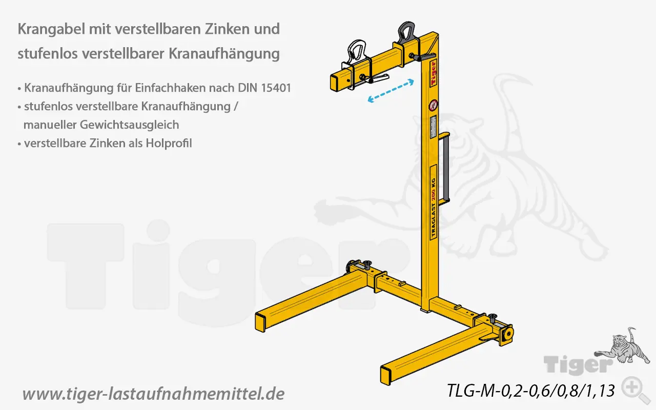 Produktbild von Tiger Sonder-Krangabel mit verstellbaren Zinken und verstellbarer Kranaufhängung Serie Sonder-TLG-M-0,2 tiger-krangabel-tlg-m-0-2-0-6-0-8-1-13