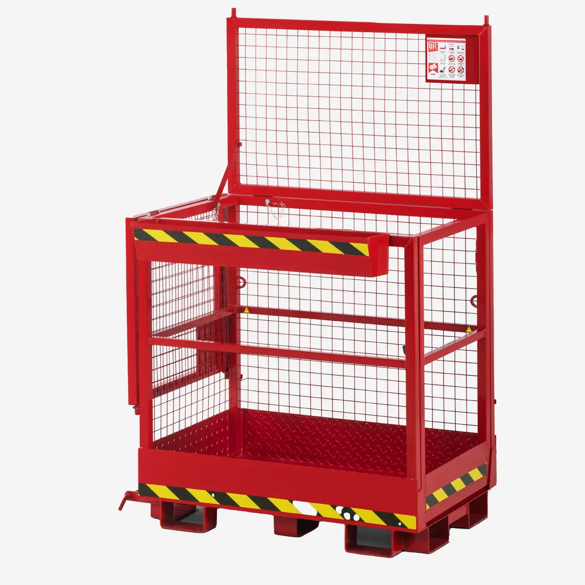 Produktbild von Arbeitsbühne mit Stapleraufnahme von der breiten und schmalen Korbseite in 7 RAL-Farben tigerhebezeuge-stapler-arbeitsbuehne-arbeitskorb-serie-SABLQ-feuerrot