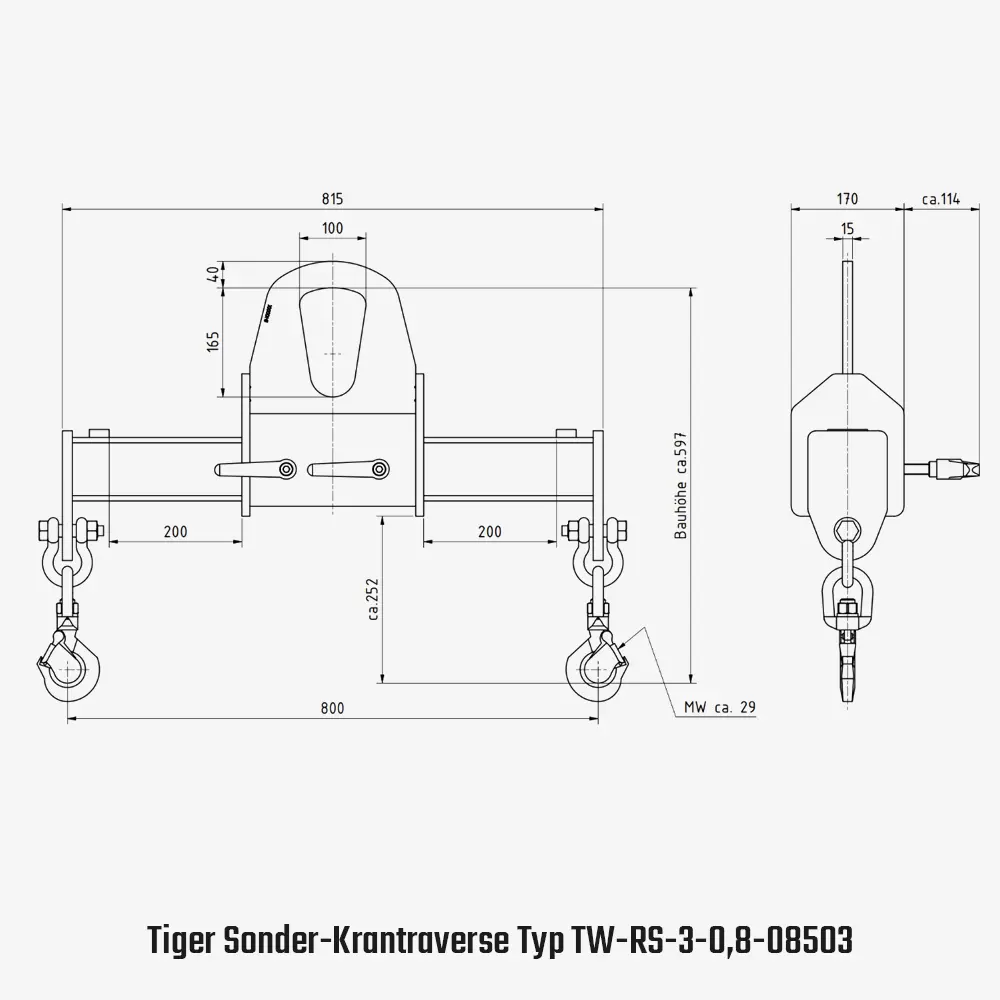 Tiger Sonder-Balkentraverse extrakurz mit verstellbarer Kranöse und 2 Lasthaken
