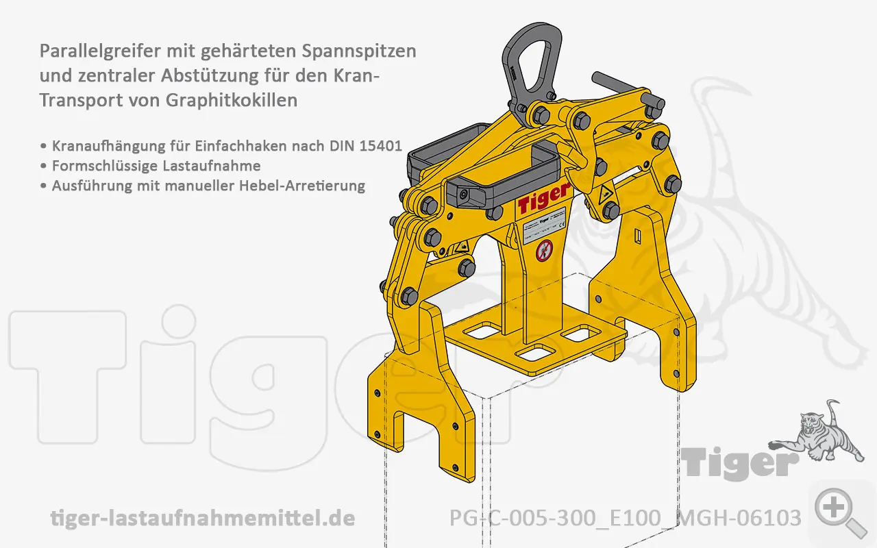 Produktbild von Tiger Sonder-Parallelgreifer mit gehärteten Spannspitzen und zentraler Abstützung zum Kranen von Graphitkokillen Serie Sonder-PG-C-MGH tiger-parallelgreifer-pg-c-005-300-e100-mgh-06103