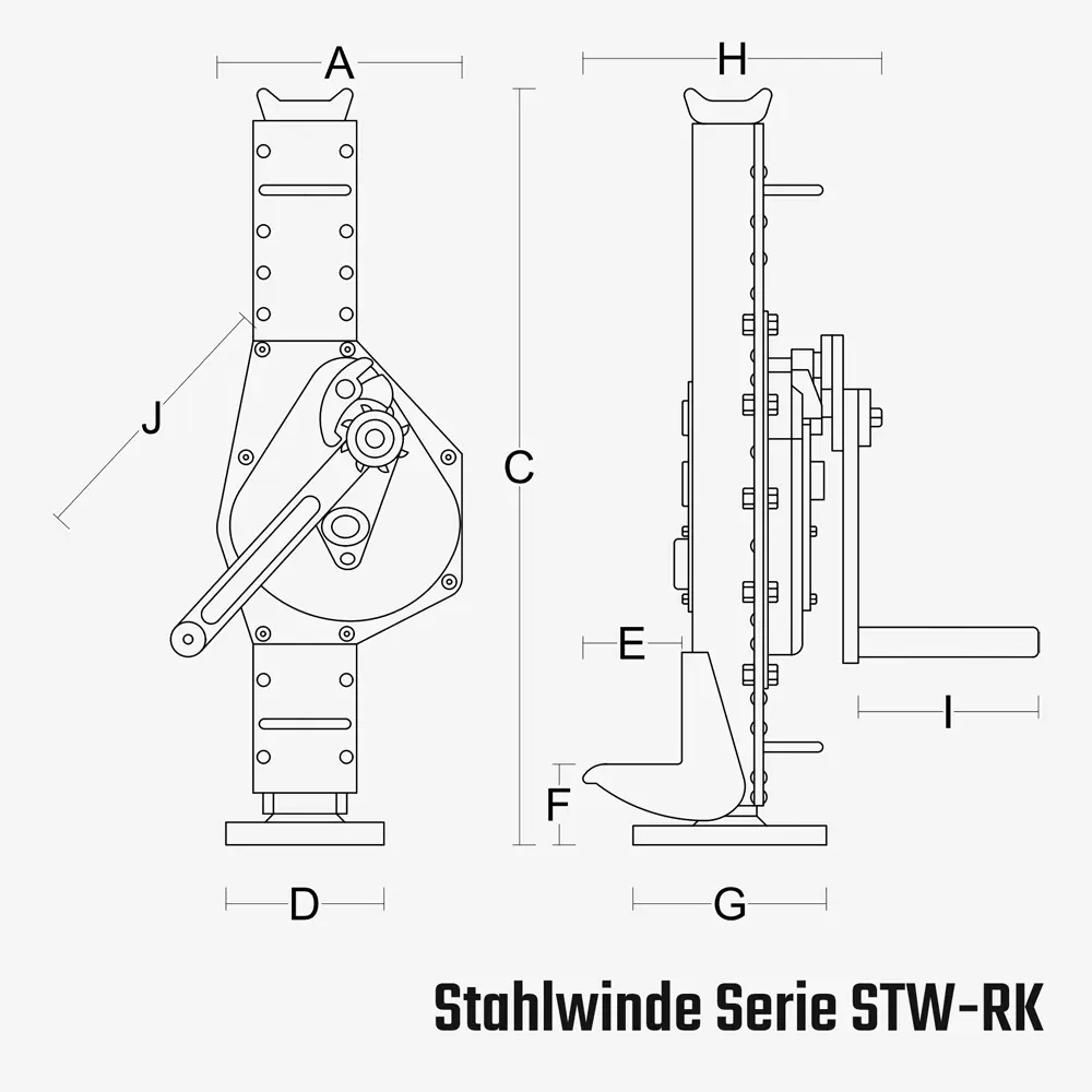 Zum Vergrößern anklicken Technisches Bild für tigerhebezeuge-stahlwinden-mit-ratschenkurbel-serie-STW-RK-Zeichnung