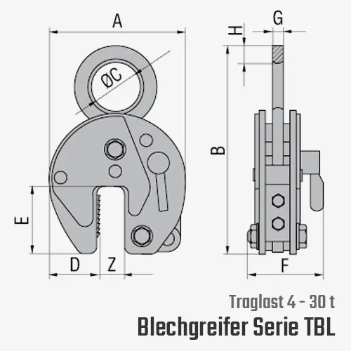 Technisches Bild von Tigrip Blechgreifer mit starrer Aufhängeöse zum senkrechten Heben von Blechen Technisches Bild für tigerhebezeuge-blechgreifer-blechklemmen-hebeklemmen-tigrip-serie-TBL-4-30t