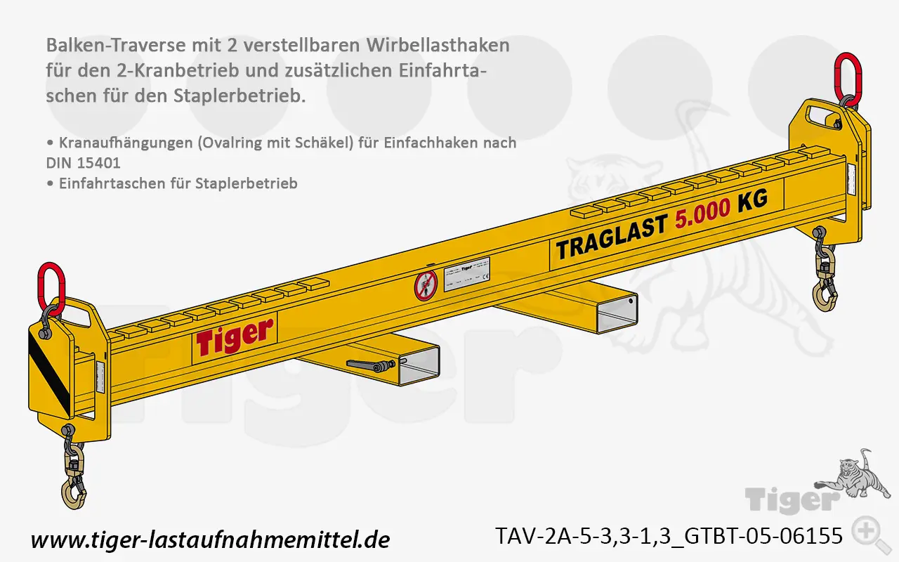 Produktbild von Tiger Sonder-Balkentraverse für 2-Kranbetrieb mit Wirbellasthaken und Staplertaschen Serie Sonder-TAV-2A-GTBT tiger-lasttraverse-kran-stapler-tav-2a-5-3-3-1-3-gtbt-05-06155
