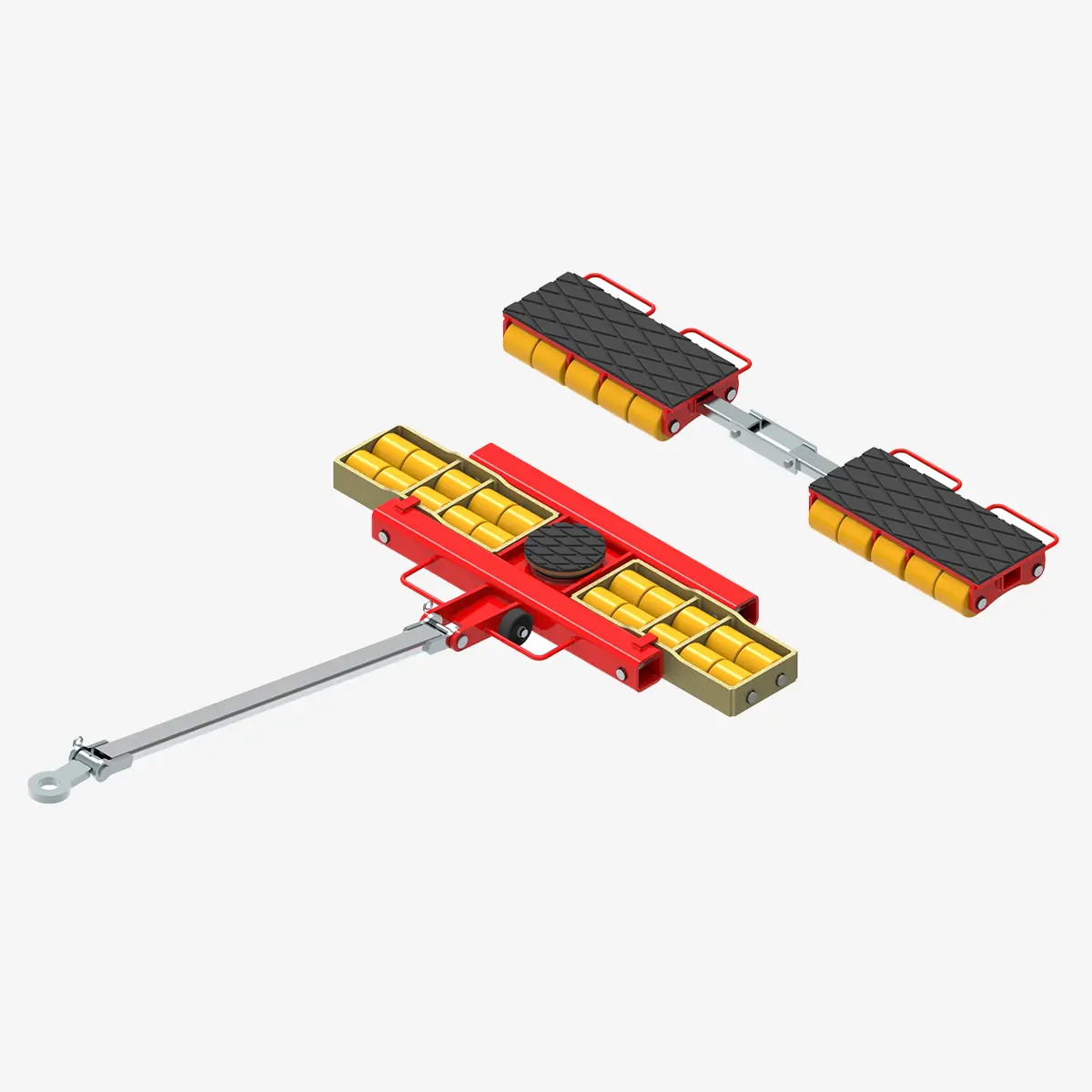 Produktbild von Schwerlast-Transportfahrwerke mit PU-Rollen zur 3-Punkt-Auflage TH: 110 mm Serie IDEAL-PU tigerhebzeuge-schwerlastfahrwerk-serie-IDEAL-PU-mit-polyurethan-rollen