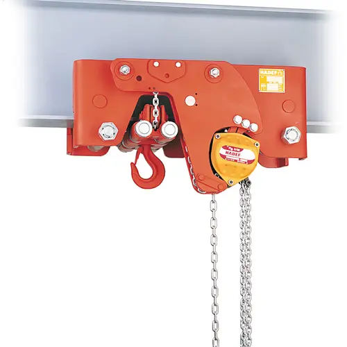 Produktbild von Kettenzug mit Haspel-Rollkatze, extrem kurze Bauart - Hadef Flaschenzug mit Haspelkatze tigerhebezeuge-hadef-stirnradflaschenzug-mit-haspelfahrwerk-serie-hdf-HH-EK