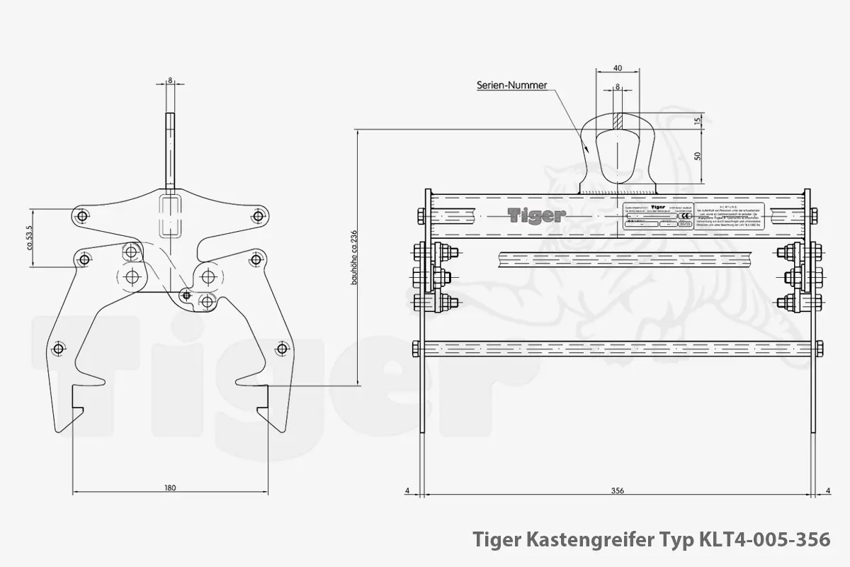 Technisches Bild von Tiger Kastengreifer für KLT-Behälter zum Kasten-Transport mit dem Kran Technisches Bild für tiger-kastengreifer-typ-klt4-005-356-zeichnung