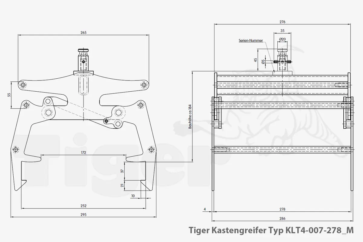 Technisches Bild von Kastengreifer mit Manu-Kuppler zum Kran-Transport von KLT-Behältern Technisches Bild für tiger-kastengreifer-typ-klt4-007-278_m-zeichnung