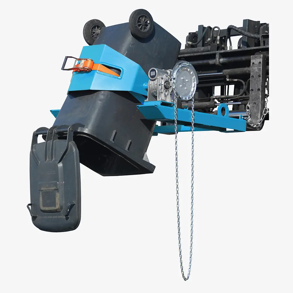 Fasskipper zum Heben und dosierten Entleeren von Fässern und Mülltonnen mit Gabelstapler und Kran