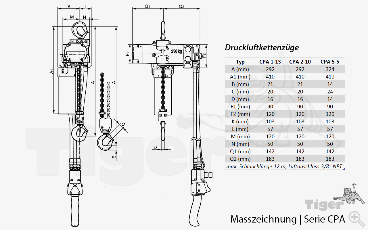 Technisches Bild von Ex-Druckluftkettenzug mit Traghaken und Steuerschalter am Schlauch für den ATEX Bereich Technisches Bild für druckluftkettenzug-cpa-masszeichnung-1