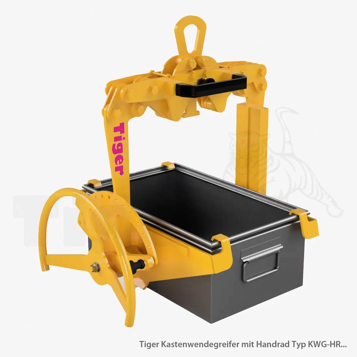 Produktbild von Tiger Kastenwendegreifer mit Handrad zum Heben und Leeren von Lagerkästen tiger-kastenwendegreifer-typ-kwg-hr-kastengreifer-mit-handrad