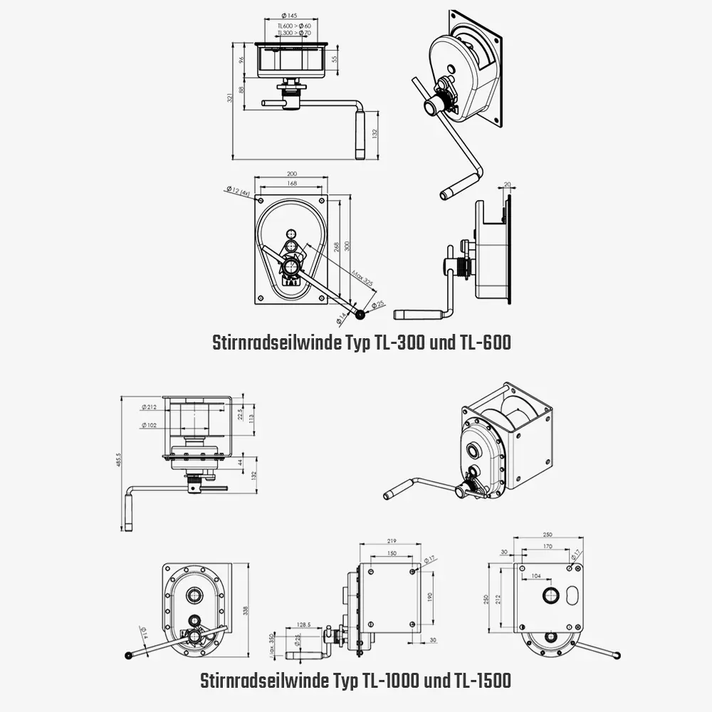 Wand-Handseilwinde mit Stirnradgetriebe - Lastbremse und verstellbarer Kurbel