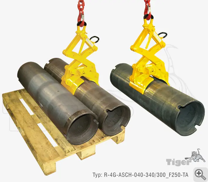 Produktbild von Tiger Sonder-Rundmaterialgreifer mit Gelenken zum Heben und Transport von Rohren per Kran rundmaterialgreifer-1-lastaufnahmemittel