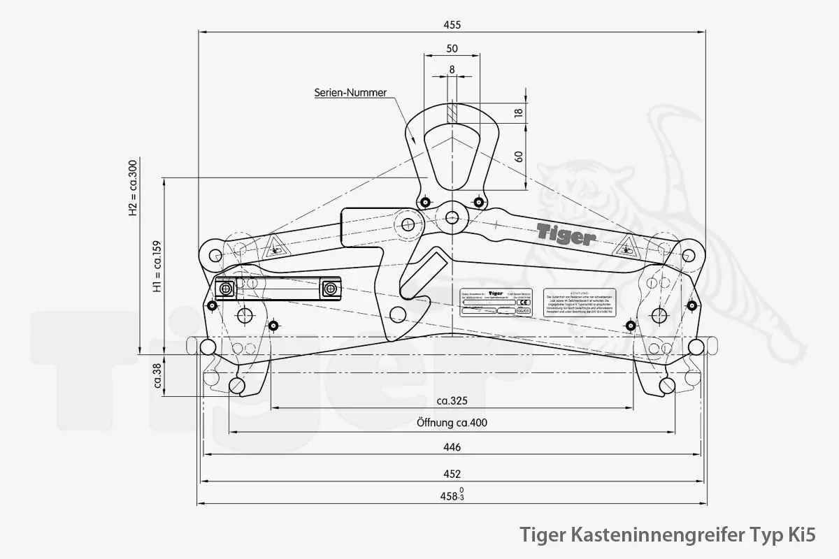 Technisches Bild von Kastengreifer Tiger zum Kran-Heben von Sichtlagerkästen aus Stahlblech Technisches Bild für tiger-kasten-innengreifer-typ-Ki5-zeichnung