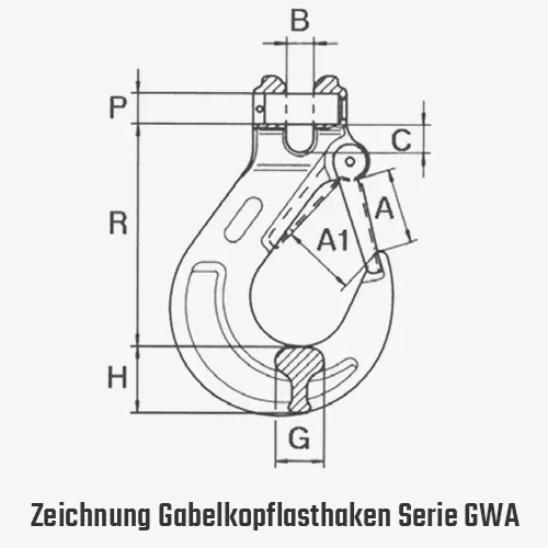 Zum Vergrößern anklicken Technisches Bild für tigerhebezeuge-gabelkopf-lasthaken-mit-schmiedefalle-serie-GWA-zeichnung-kettenbeschlagteile