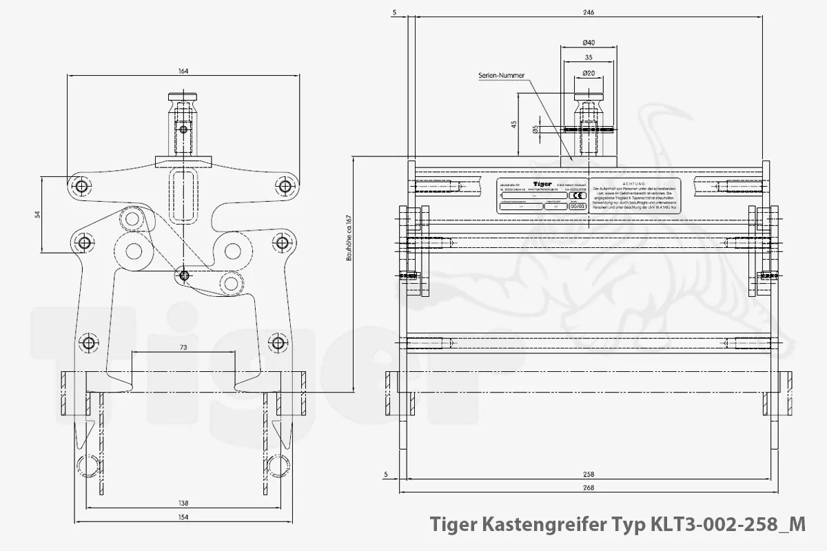 Technisches Bild von Kastengreifer mit Manu-Kuppler zum Kran-Transport von KLT-Behältern Technisches Bild für tiger-kastengreifer-typ-klt3-002-258_m-zeichnung
