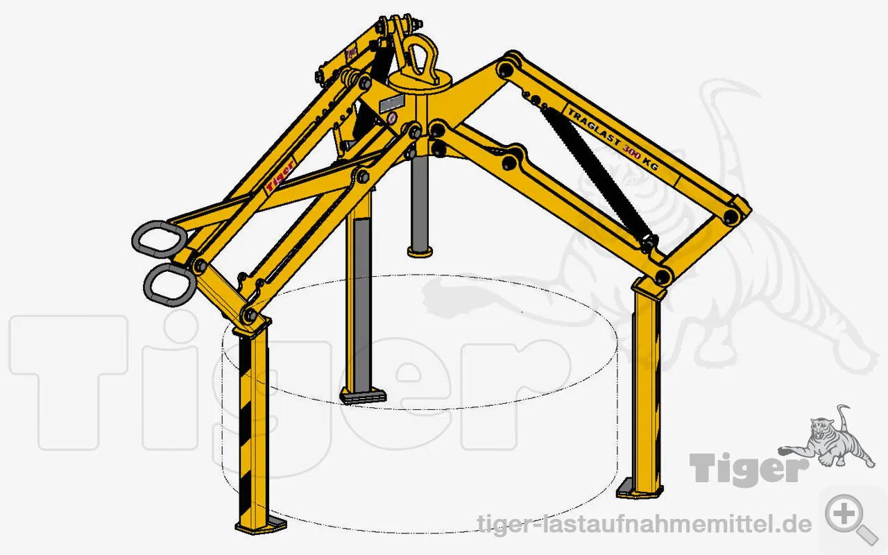 Produktbild von Tiger Sonder-Universal 3-Arm-Formschlußgreifer mit Prismenbacken und Unterfassgreifplatten Serie Sonder-GV-AF3 tiger-hebezange-1-kran-lastaufnahmemittel