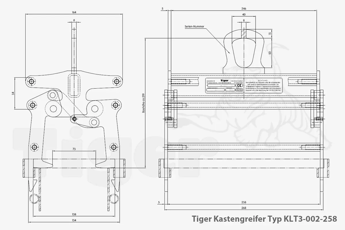 Technisches Bild von Tiger Kastengreifer für KLT-Behälter zum Kasten-Transport mit dem Kran Technisches Bild für tiger-kastengreifer-typ-klt3-002-258-zeichnung