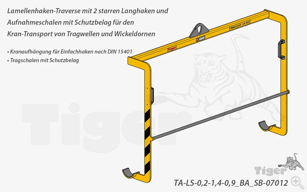 Produktbild von Tiger Sonder-Lamellenhaken-Traverse mit 2 versetzte Langhaken und Aufnahmeschalen mit Schutzbelag Serie Sonder-TA-LS-0,20-BA-SB tiger-langhaken-traverse-ta-ls-07012
