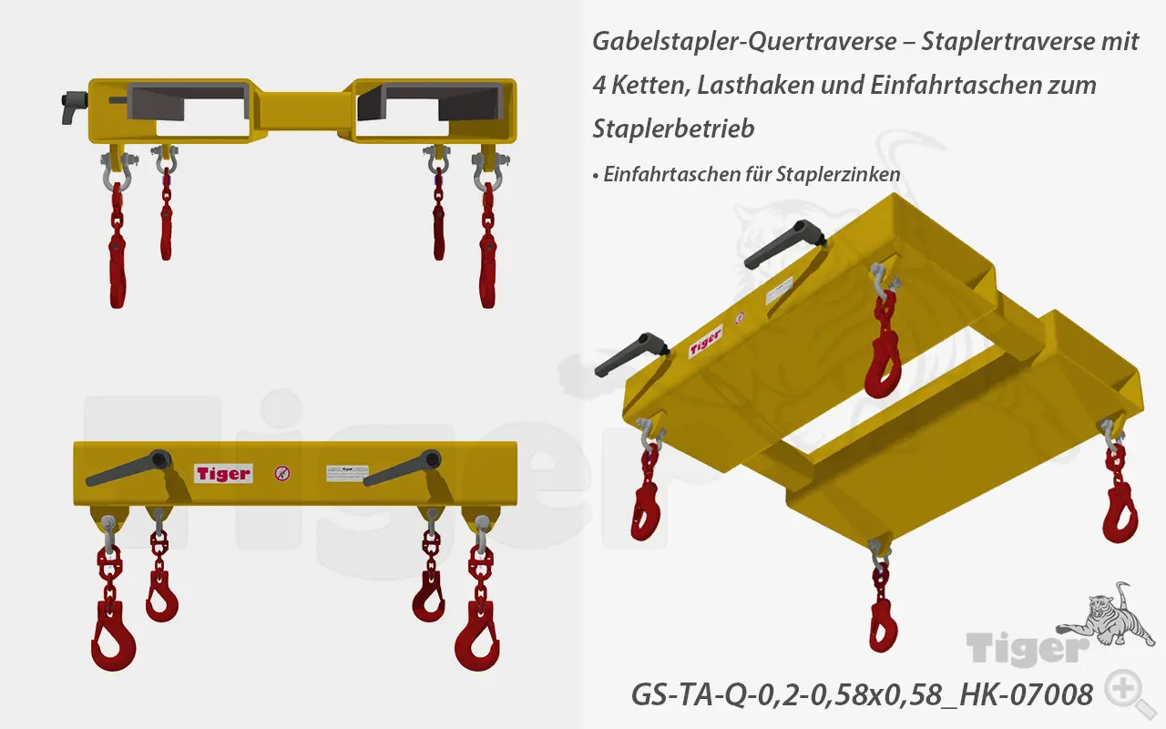 Produktbild von Tiger Sonder-Staplerhaken mit vier Lasthaken, doppelt staplertraverse-gs-ta-q-0-2-0-58x0-58-hk-07008-1