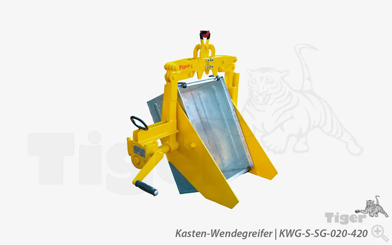 Produktbild von Tiger Sonder-Kasten-Wendegreifer mit Kurbel-Drehwerk und Schütt-Zentrierhilfe zum Heben und Leeren von Metallkästen Serie Sonder-KWG-S-SG tiger-kasten-wendegreifer-ausschuetthilfe-kwg-hrs-015-540