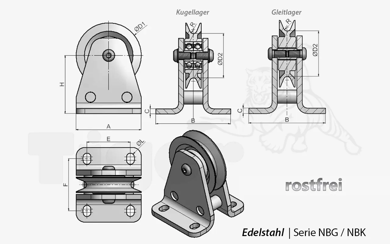 Zum Vergrößern anklicken Technisches Bild für edelstahl-seillrollenbock-nbg-nbk-zeichnung